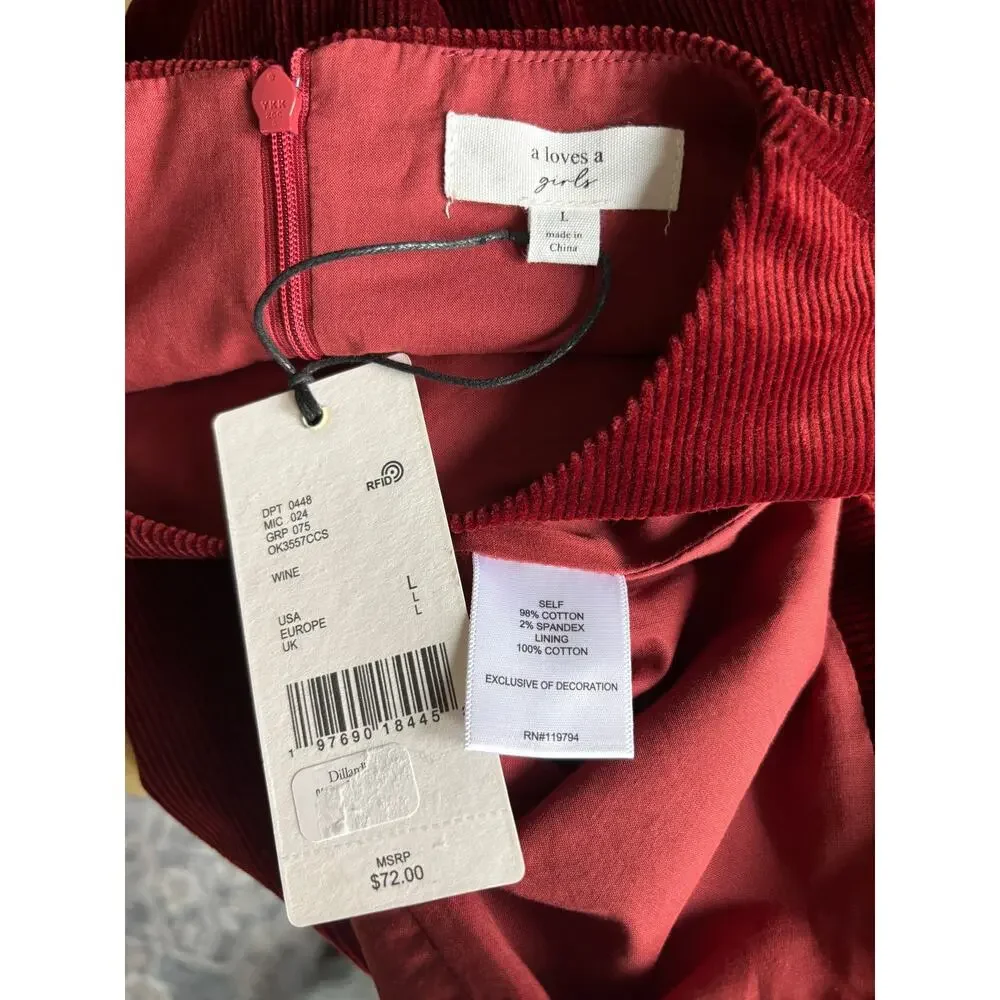 A Loves A Girls Corduroy Jumper Dress - Wine Red, Large NWT